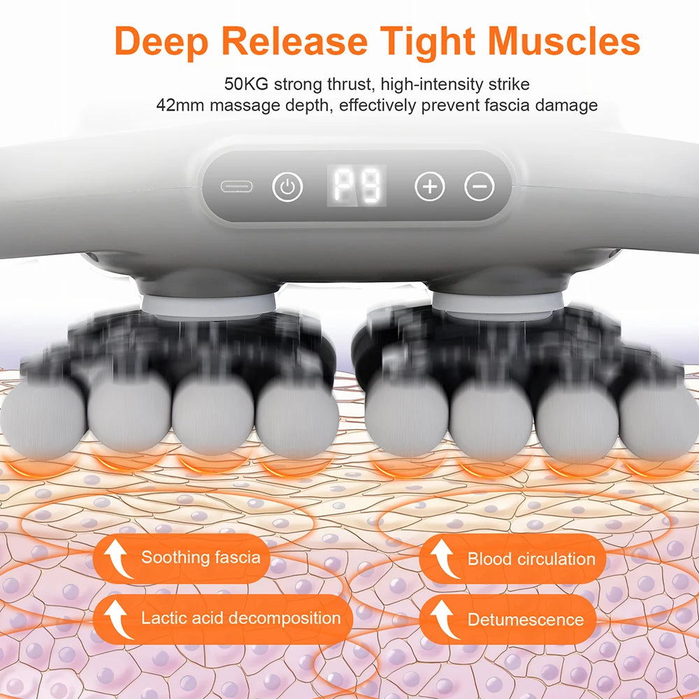 A white deep release massage gun is shown applying pressure to a foot, targeting fascia and promoting blood circulation.
