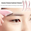 A close-up of a pink beauty trimmer eyebrow trimmer and scissors being used to trim eyebrows on a person's face.