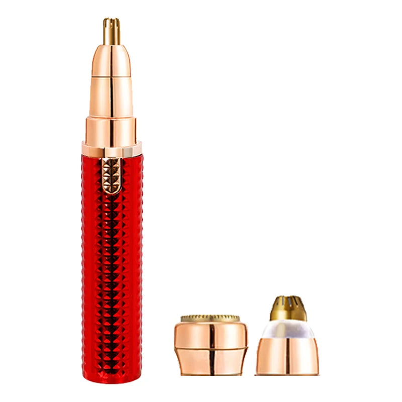 A 3-in-1 electric facial and body hair remover in rose gold and red packaging with a separate applicator.