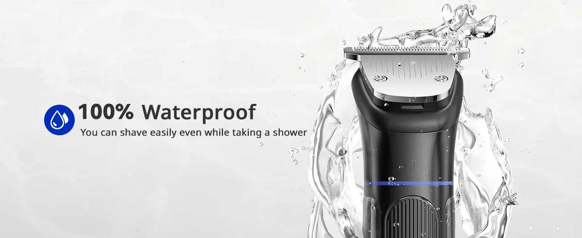 A black electric hair trimmer is shown being used in a shower, emphasizing its waterproof feature.