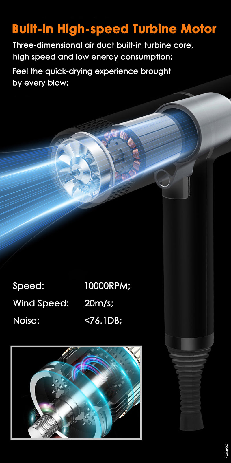 Close-up of a professional infrared blow dryer showing the built-in high-speed turbine motor and airflow.