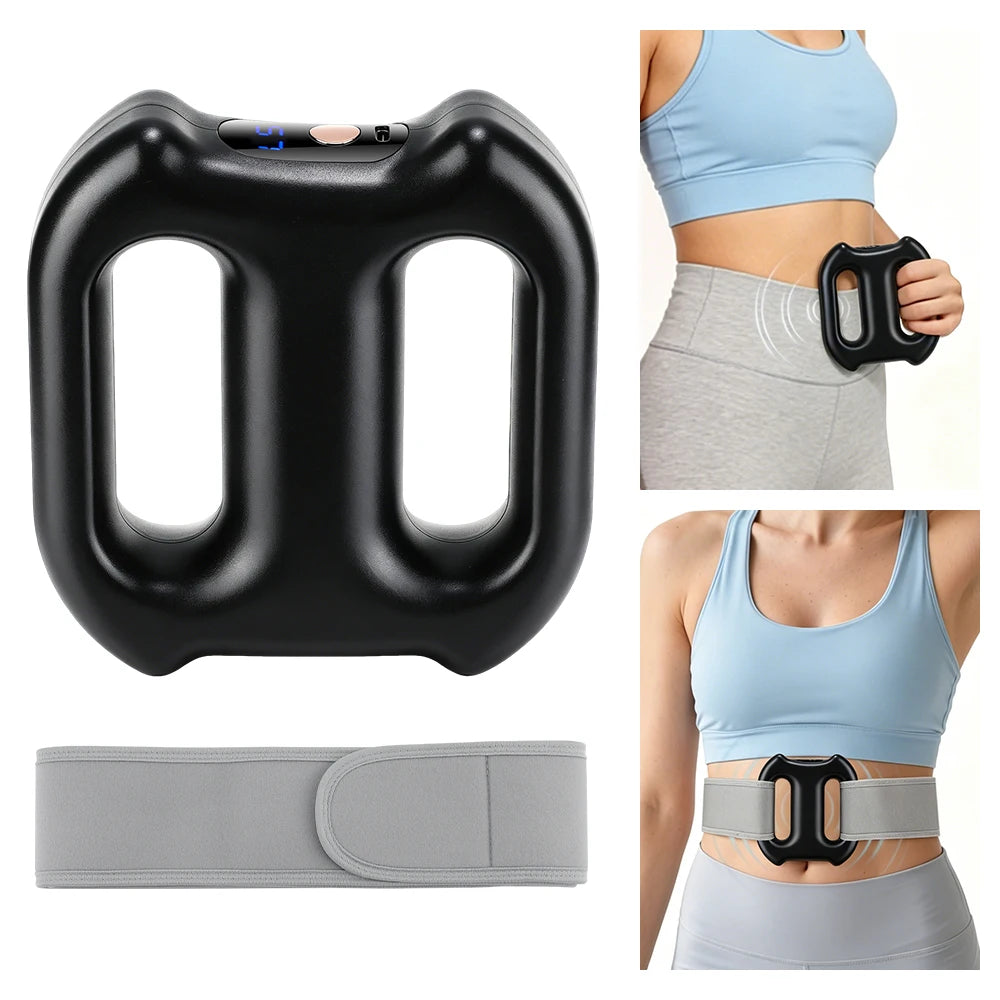 Black electric body vibration massager device shown with separate components and usage on a person's abdomen.