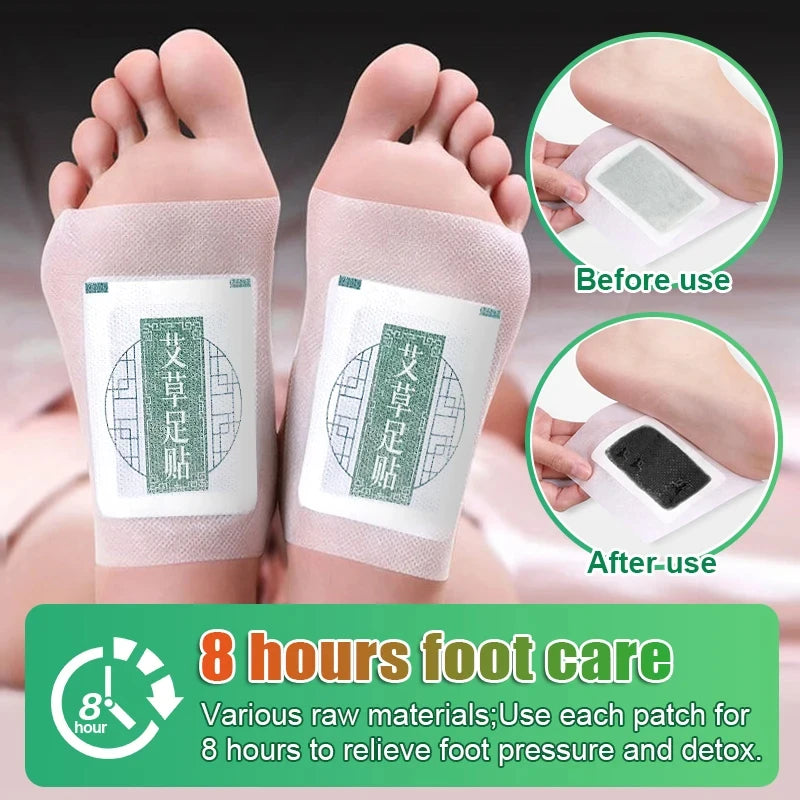 Before and after images of detox foot patches used for 8 hours to relieve foot pressure and detox.