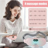 A woman is using a portable heated massage belt for pain relief, demonstrating four massage modes on a tablet.