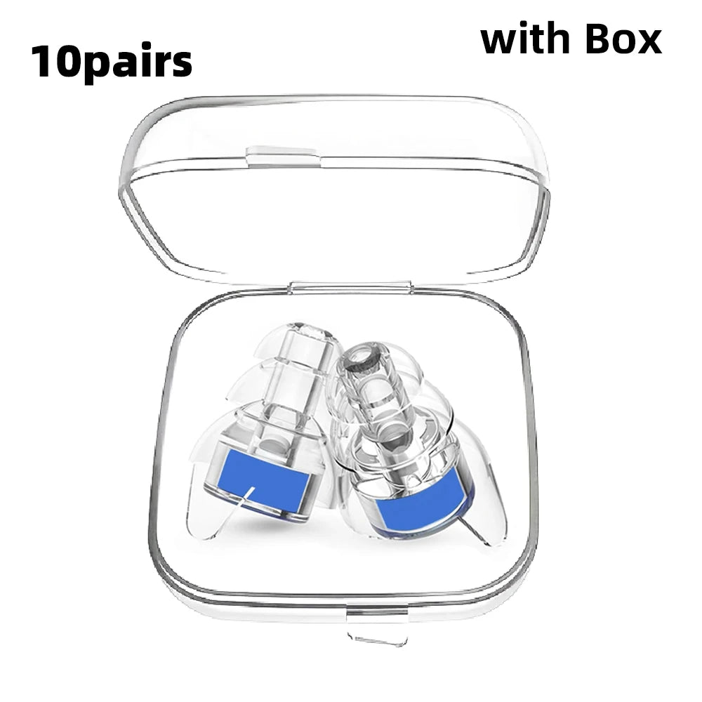 A pair of high fidelity silicone earplugs with a clear storage box shown open.