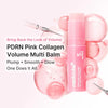 A tube of PDRN Pink Collagen Volume Multi Balm with a dropper and surrounding pink cosmetic elements.