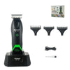 A black professional electric hair clipper trimmer with a LED display and three interchangeable cutting combs.