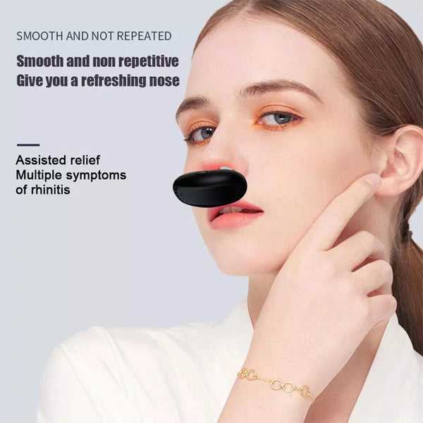 A woman is shown using a black portable infrared nasal therapy device to relieve rhinitis symptoms.