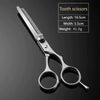 A pair of stainless steel tooth scissors shown against a dark background with specifications listed.
