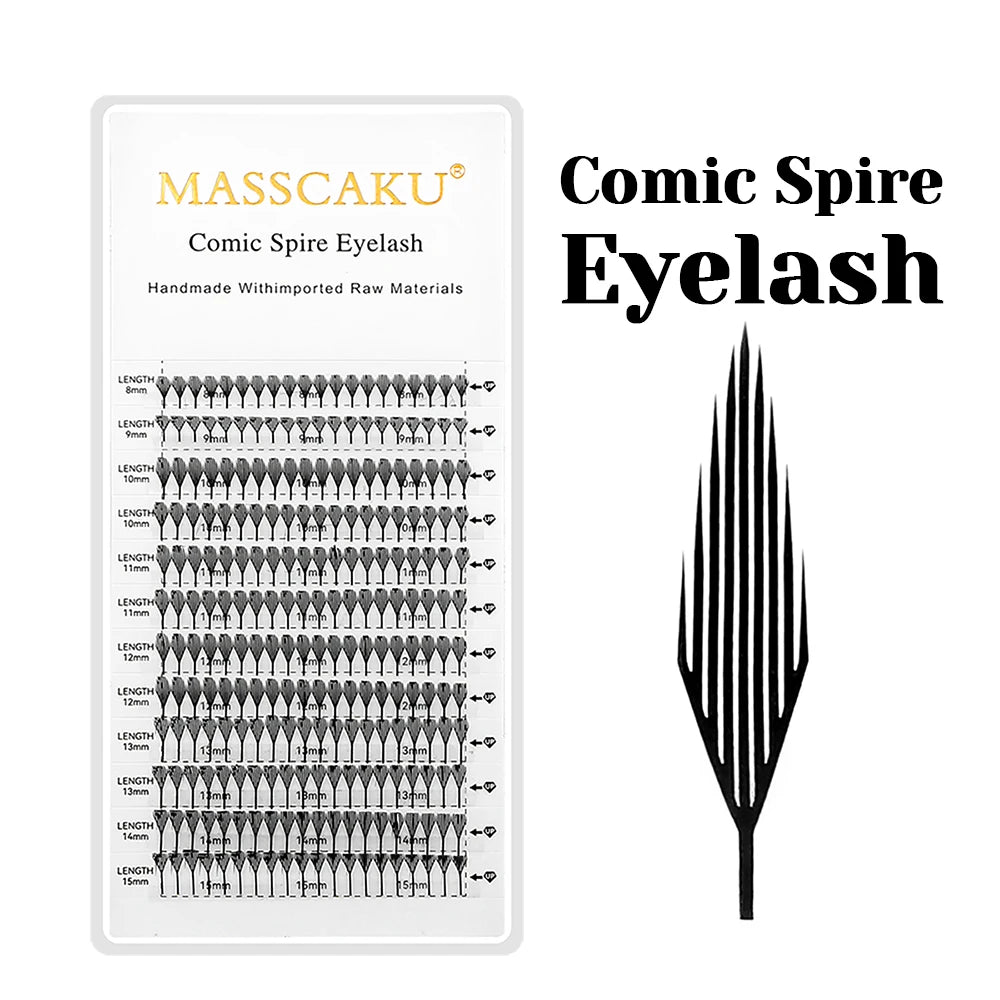 A package of Masscaku Comic Spire Eyelash featuring various lengths of handmade eyelash filaments.