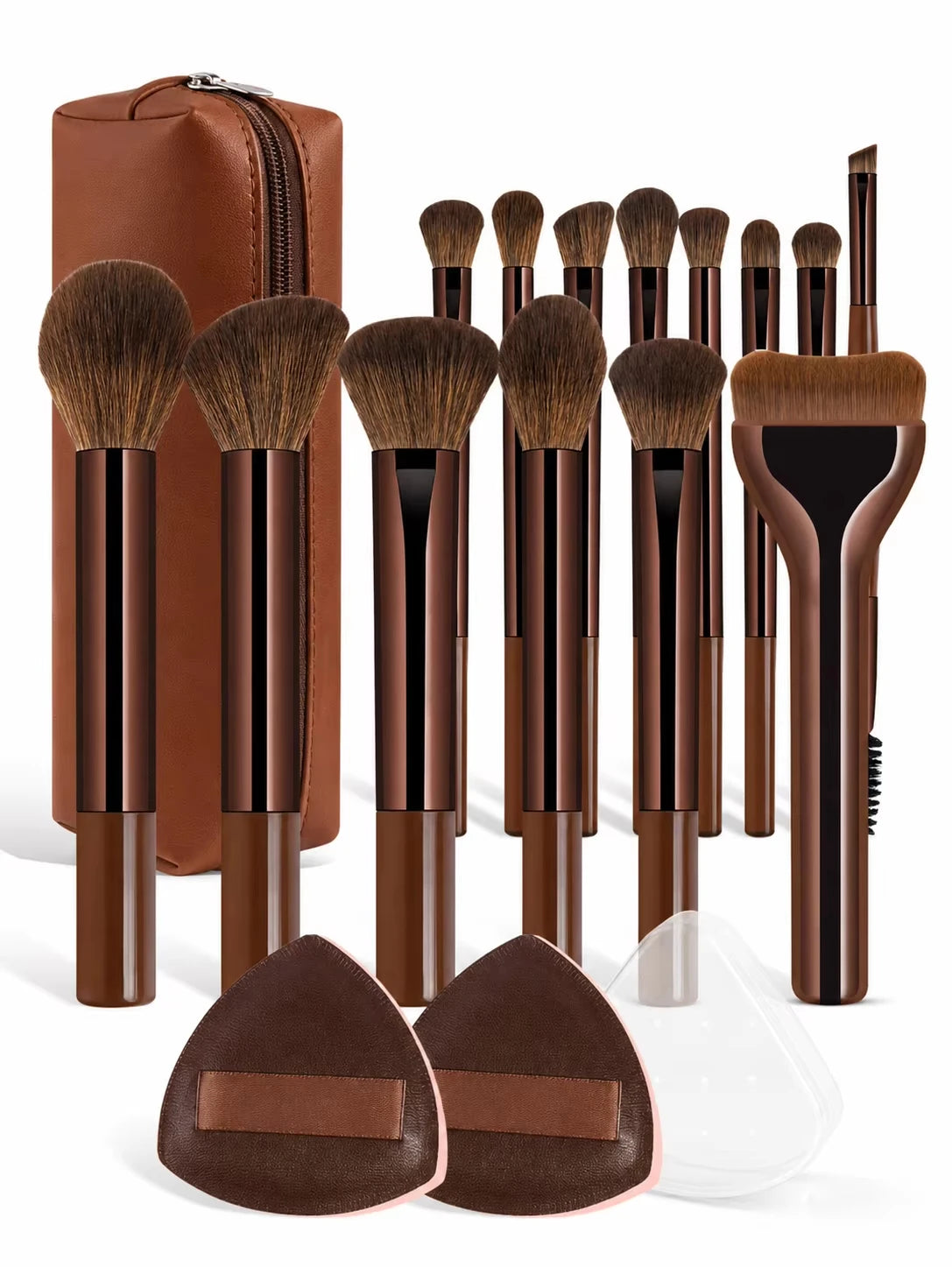 A set of 14 professional makeup brushes and sponges in brown and black packaging.