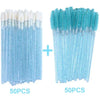 A set of 100 disposable eyelash and eyebrow brushes in light blue and teal colors.