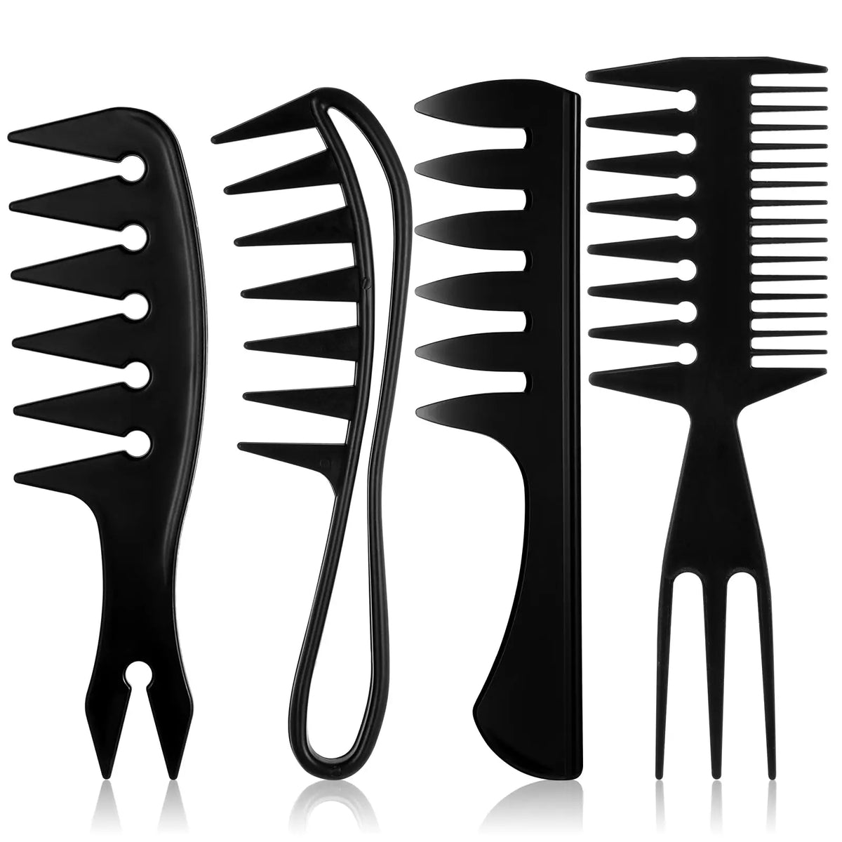 A set of four black wide tooth men's hair styling combs displayed on a white background.