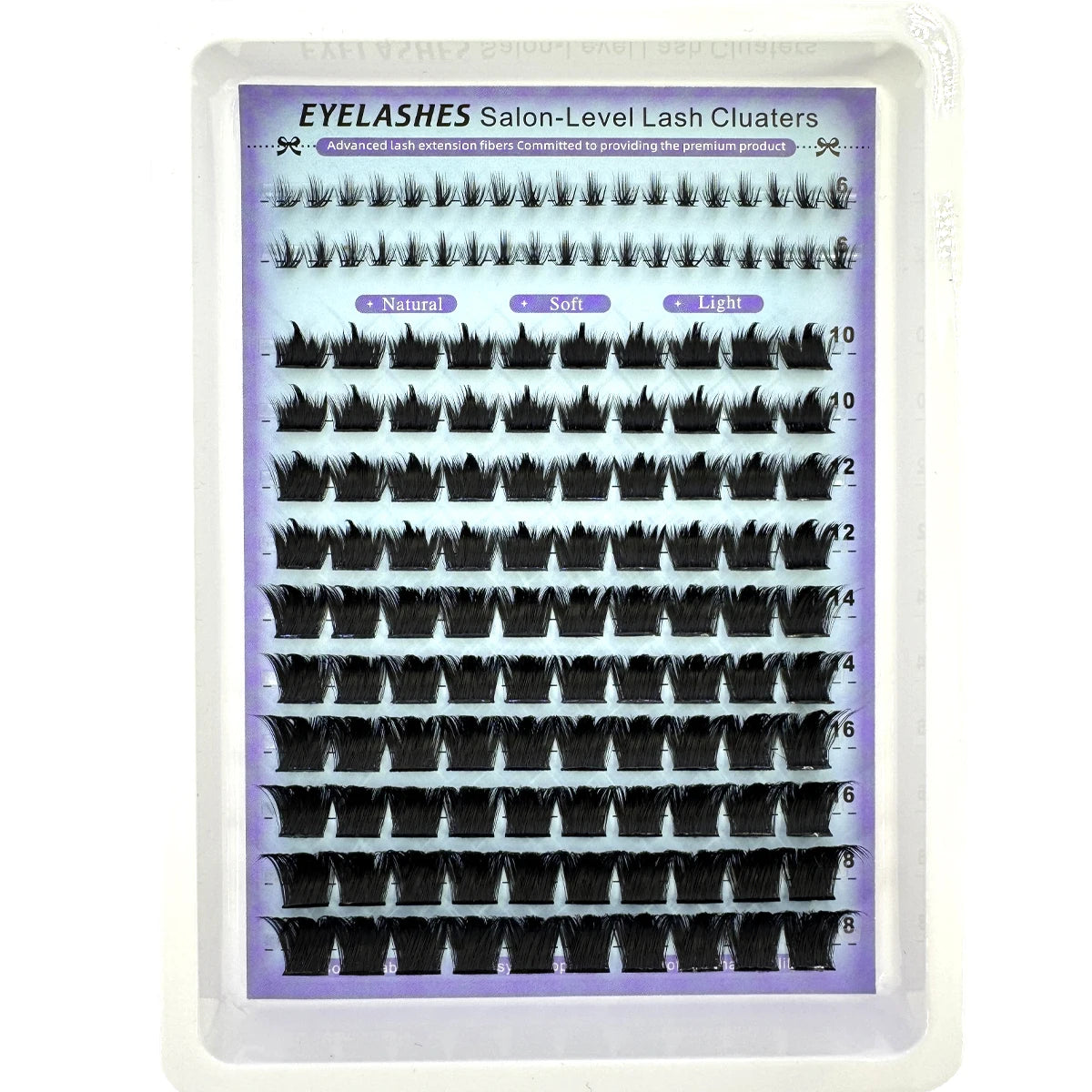 Feuille de clusters de cils pointus DIY pour extensions de cils salon, montrant divers styles et longueurs.
