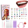 DIY Zahn- und Schmuck-Set mit Edelsteinen, Werkzeugen und rosa Lippen-Accessoires.
