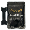 Sachet noir de compresses nasales avec des icônes indiquant une utilisation respirante, douce, hypoallergénique et efficace.