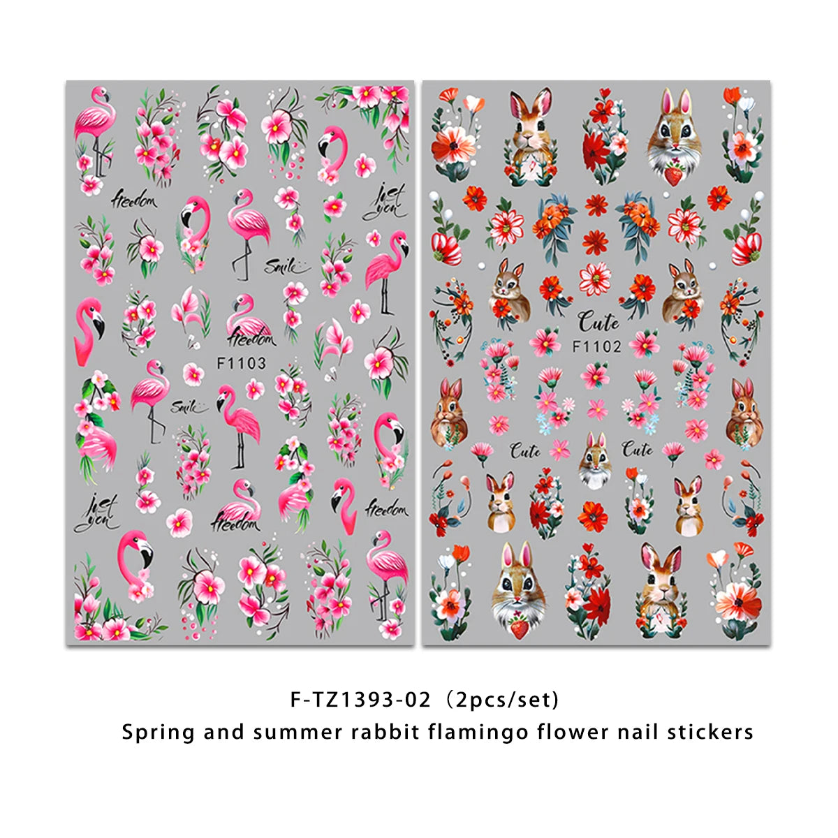 A set of rabbit and flamingo flower nail stickers for DIY decoration featuring pink, red, and green hues.