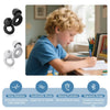 A young boy is shown using silicone noise-canceling earplugs for hearing protection and ergonomic design.