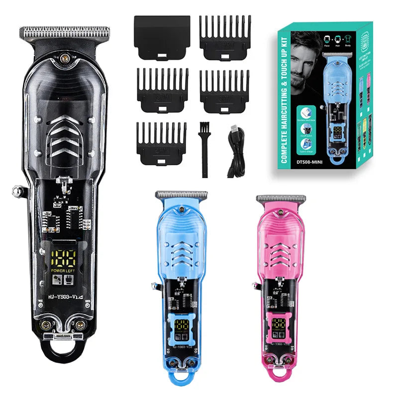 A set of professional rechargeable hair trimming kits featuring various sizes and colors of electric clippers.