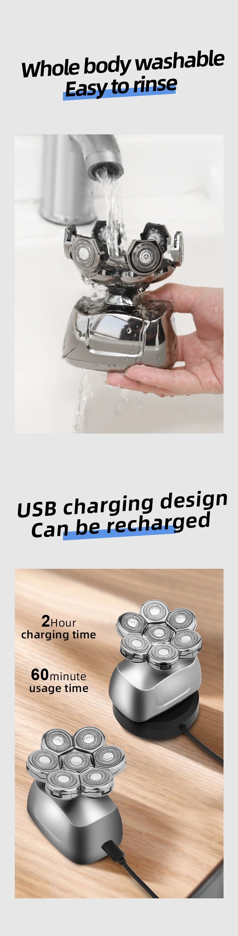 A hand is rinsing a silver electric shaver under running water.