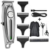A set of professional rechargeable electric hair clippers including various guards and accessories.