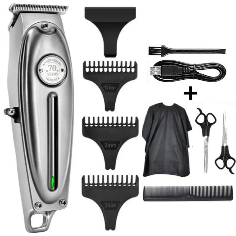 A set of professional rechargeable electric hair clippers including various guards and accessories.