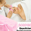 A woman is receiving a facial treatment with pink facial sponges, alongside a stack of pink facial sponges.