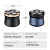 A black electric shaver with a blue accent, showing its dimensions and technical specifications.
