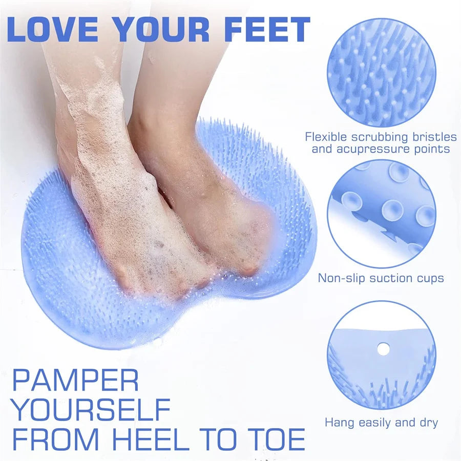 A blue non-slip shower foot scrubber mat with flexible bristles and suction cups for exfoliating feet.