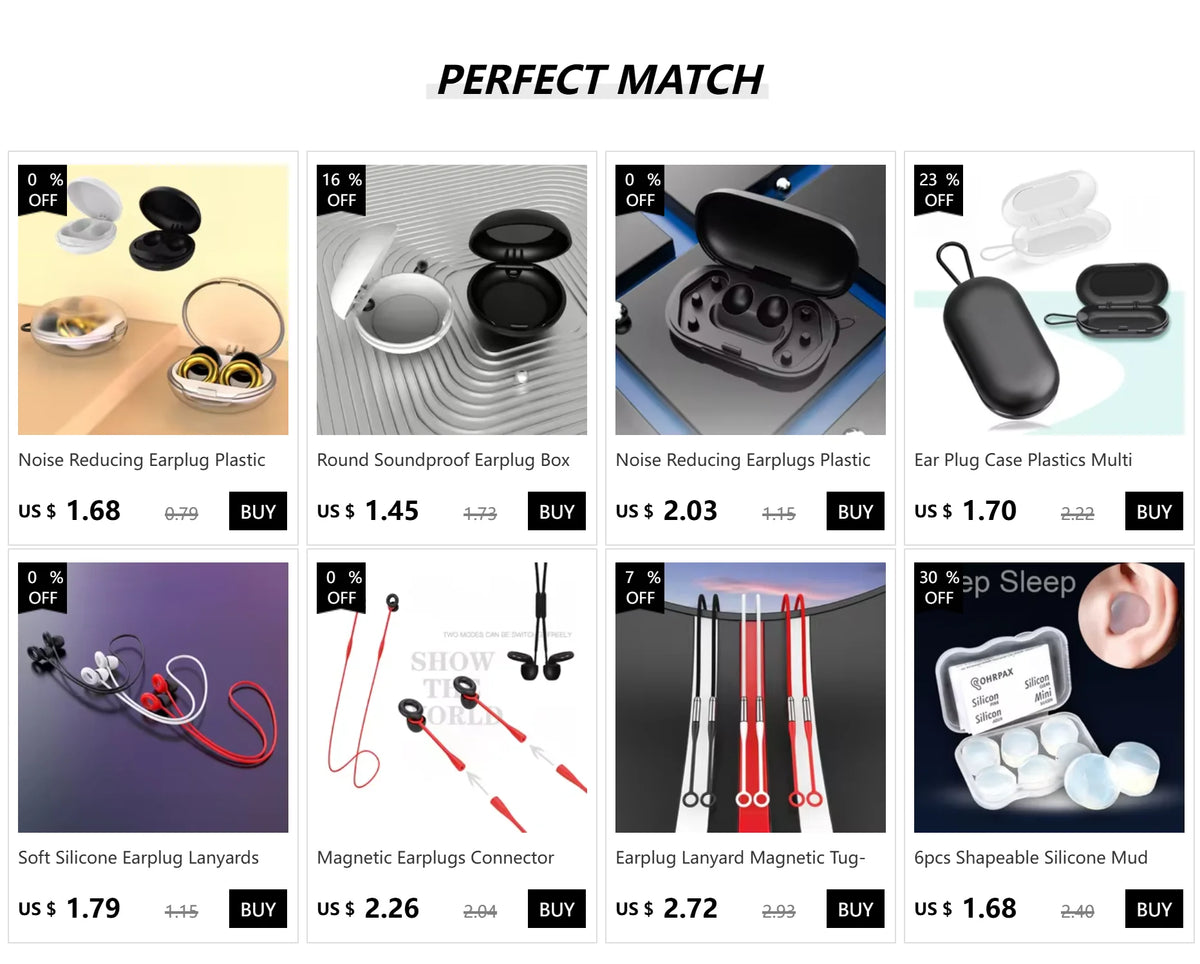 Various silicone earplugs and related accessories for noise reduction and comfort.