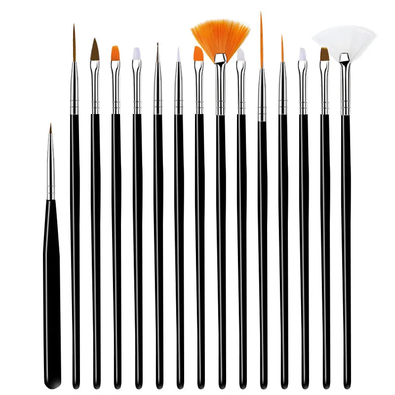A set of precision nail art brushes for gel and acrylic polish, shown standing upright.