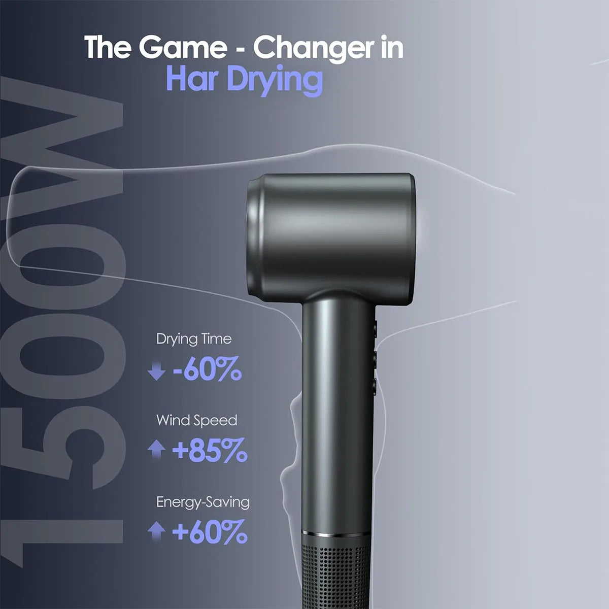 A black professional high-speed hair dryer is shown against a dark gray background with text highlighting performance improve