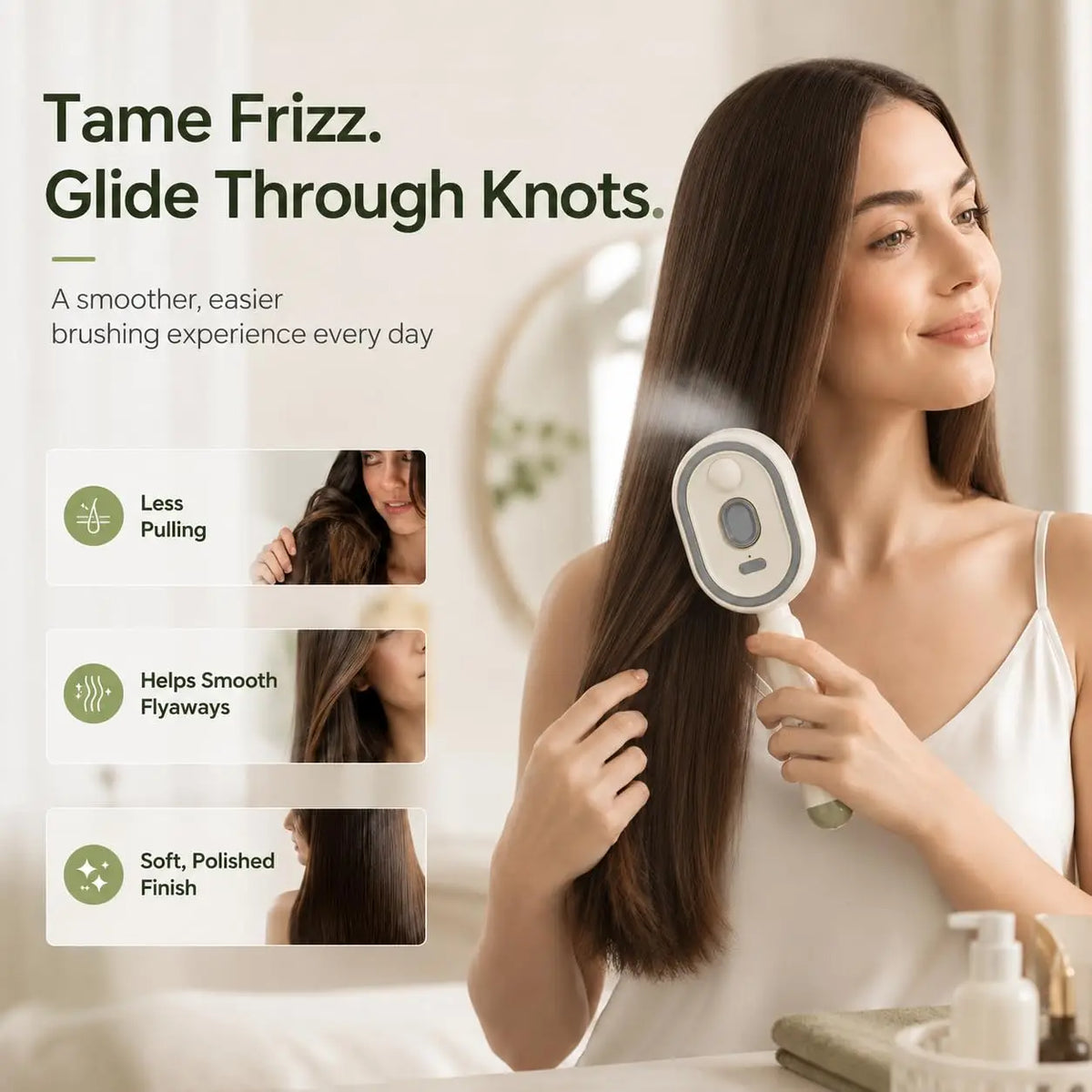 A woman uses a white rechargeable electric spray hair brush to smooth and detangle her long brown hair.