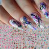 A hand displays fingernails decorated with iridescent and glittery flower butterfly nail stickers.