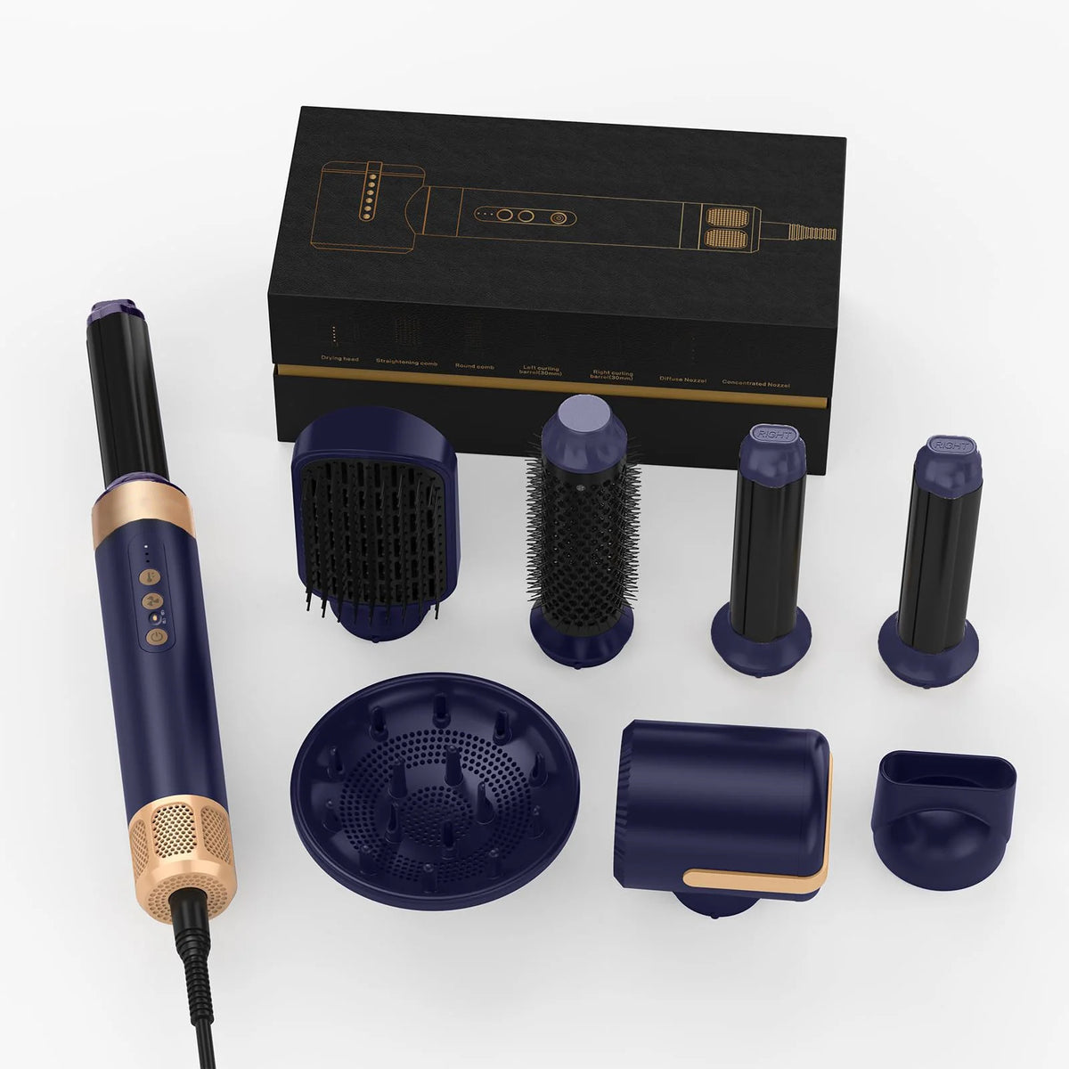 A set of hair styling tools including a dryer brush, curling iron, and straightener displayed next to its packaging box.