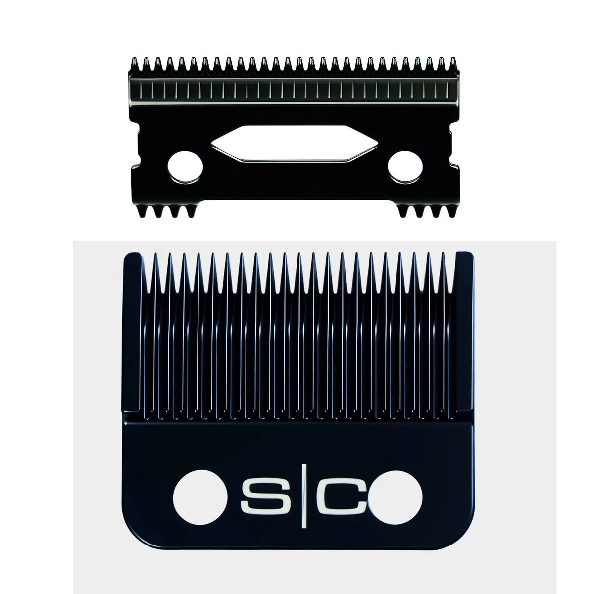 A black professional hair clipper blade set with a protective housing and multiple sharp blades.