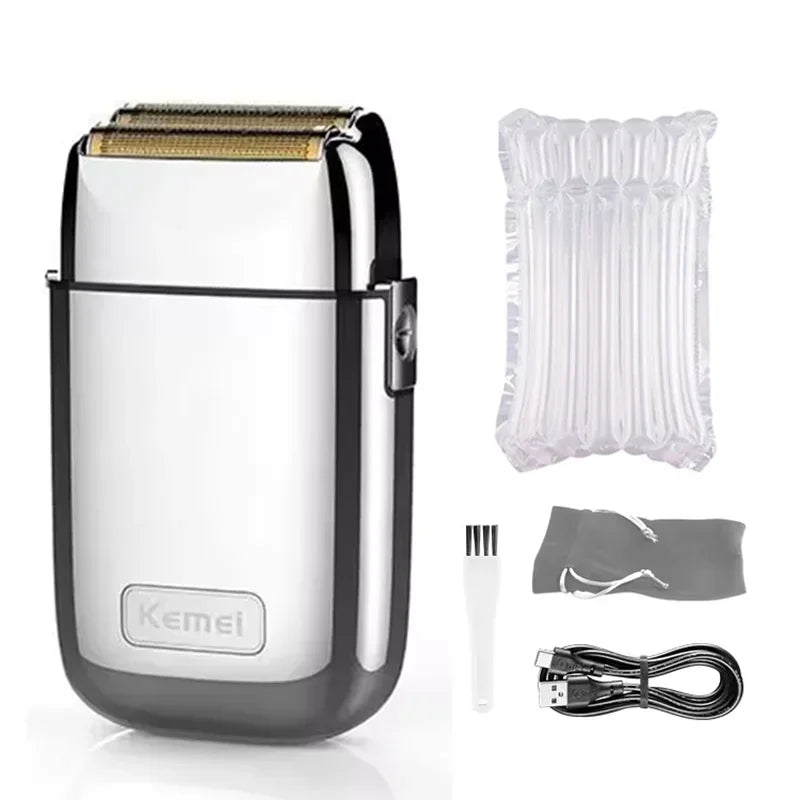A silver and black professional rechargeable electric hair clipper with a protective cover and charging cable.