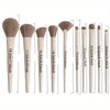 A collection of fourteen professional makeup brushes with varying sizes and styles displayed vertically.