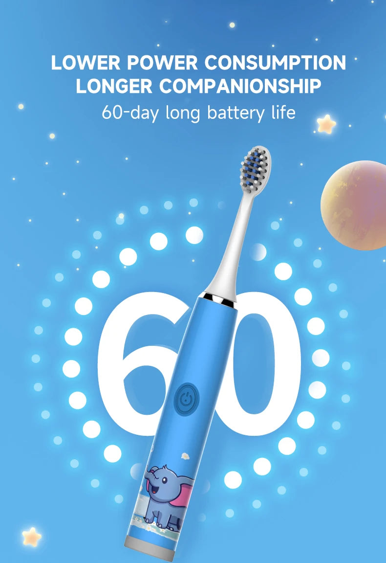A blue electric toothbrush with a purple elephant design is shown against a light blue background, emphasizing its 60-day bat