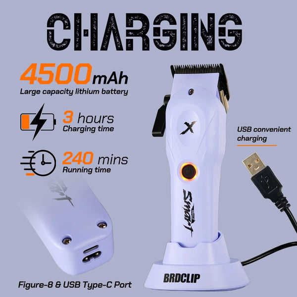 Chargeur de batterie blanc et batterie lithium avec spécifications de temps de charge et d'utilisation.