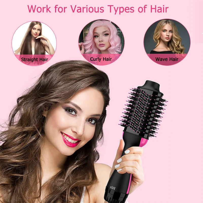 A woman is holding a black hair dryer brush while various hair types are shown above.