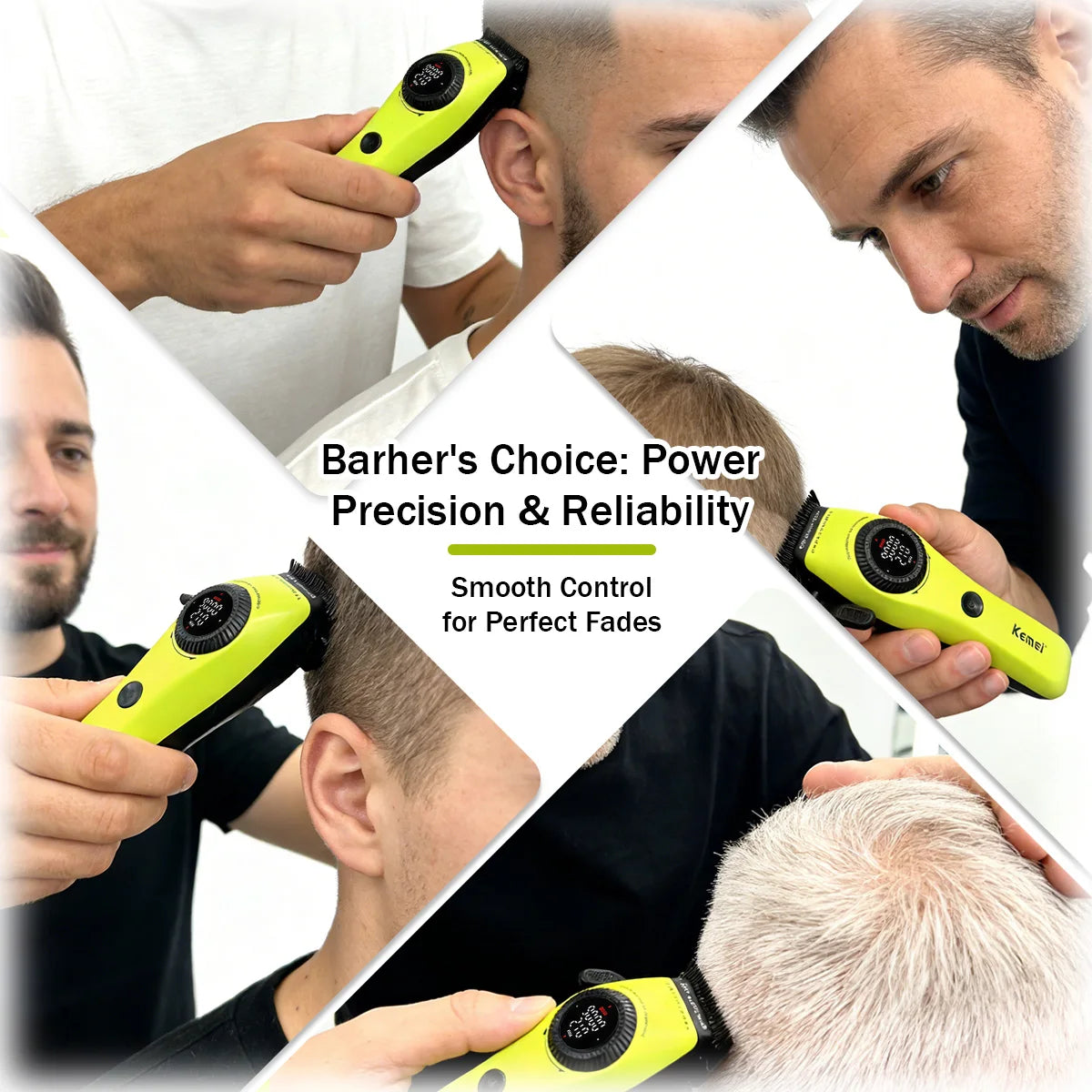 A professional high-speed cordless hair clipper in lime green is shown being used for a haircut.