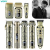 A set of professional electric hair trimmers in gold and silver finishes shown from various angles.