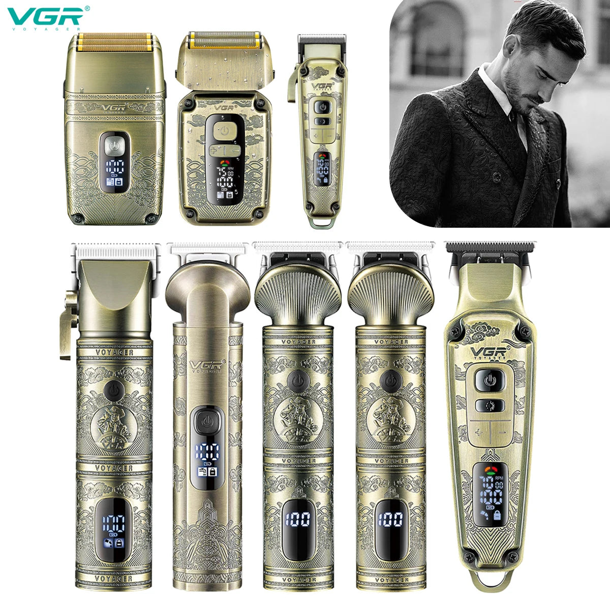A set of professional electric hair trimmers in gold and silver finishes shown from various angles.