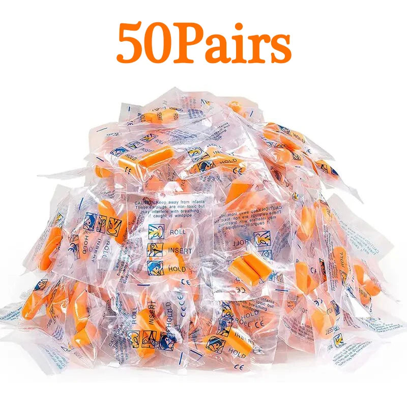 50 paires de bouchons d'oreille anti-bruit en mousse orange emballés dans des sacs en plastique transparents