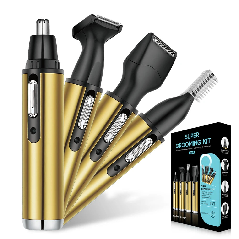 A set of black and gold multi-functional electric grooming kit including various hair trimmers and accessories.