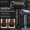 A black professional 2400W high-speed hair dryer with an annular temperature display and negative ion polishing features.