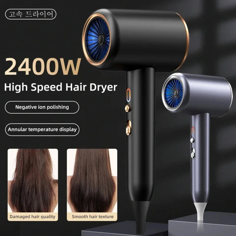 A black professional 2400W high-speed hair dryer with an annular temperature display and negative ion polishing features.