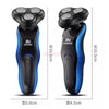 A black and blue multi-function electric shaver with a detachable head shown from the side.
