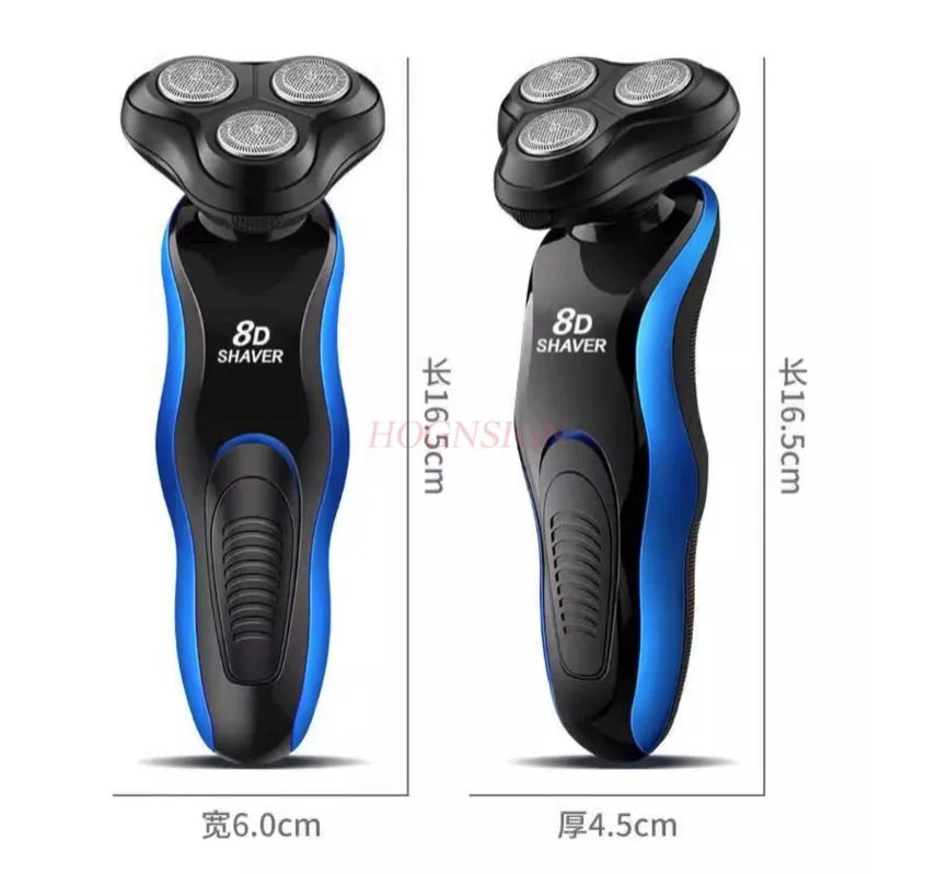 A black and blue multi-function electric shaver with a detachable head shown from the side.